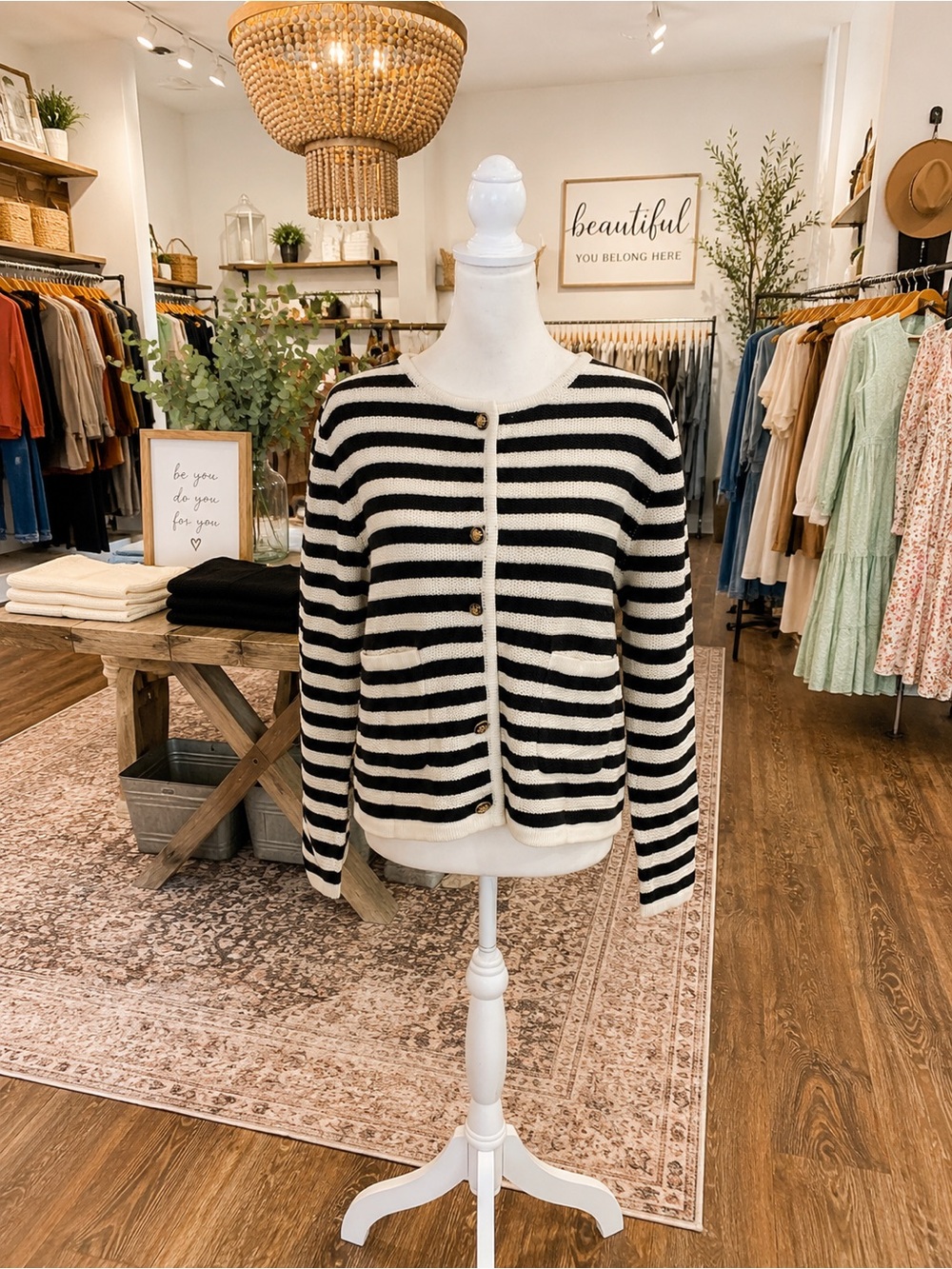 LILLUSORY Medium Black White Striped Knit Cardigan Gold Buttons Pockets NWT